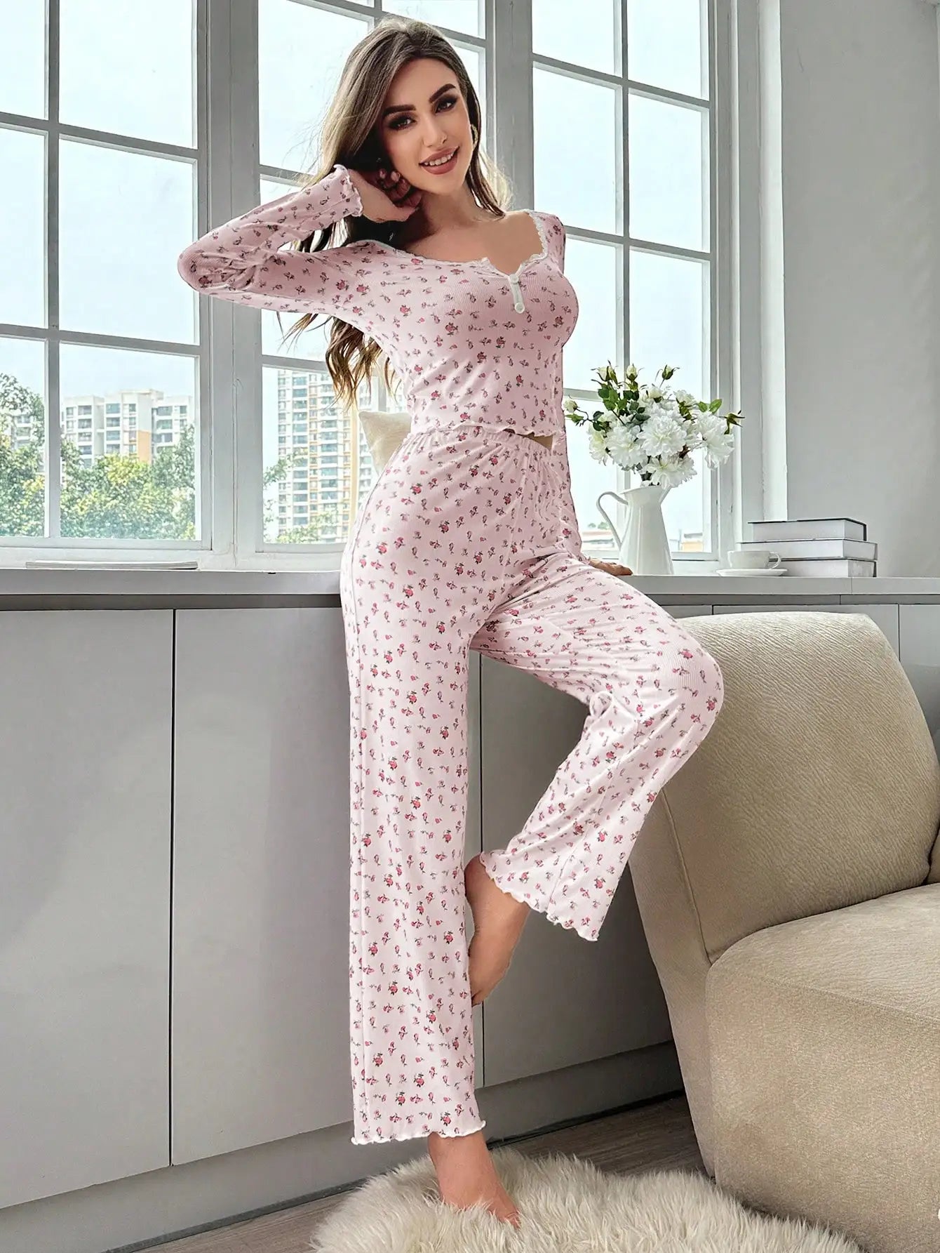 Women's Autumn/Winter Floral Long-Sleeve Pajama Set - Comfortable V-neck Ribbed Cotton Loungewear