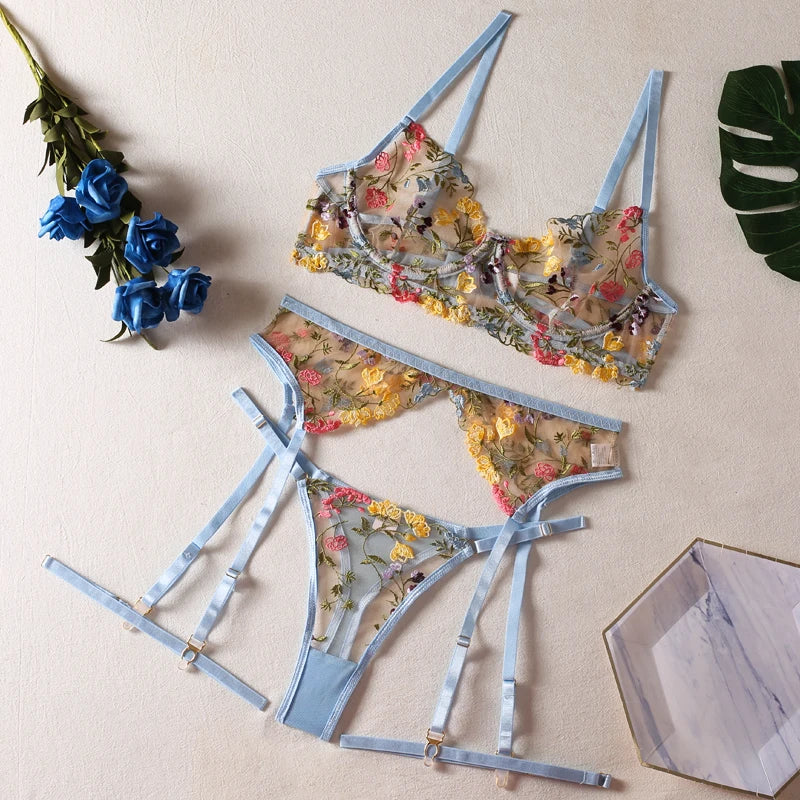 HIMEALAVO Lingerie Sensual Lace Underwear Transparent Embroidery 3-Piece Garters Fancy Beautiful Short Skin Care Kits Intimate