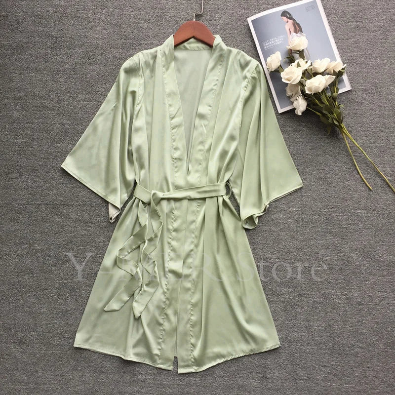 Sexy Embroider Edge Lady Kimono Bathrobe Dress Gown Mesh Sleeve Wedding Long Robe Sleepwear Loose Silk Satin Nightwear Lingerie