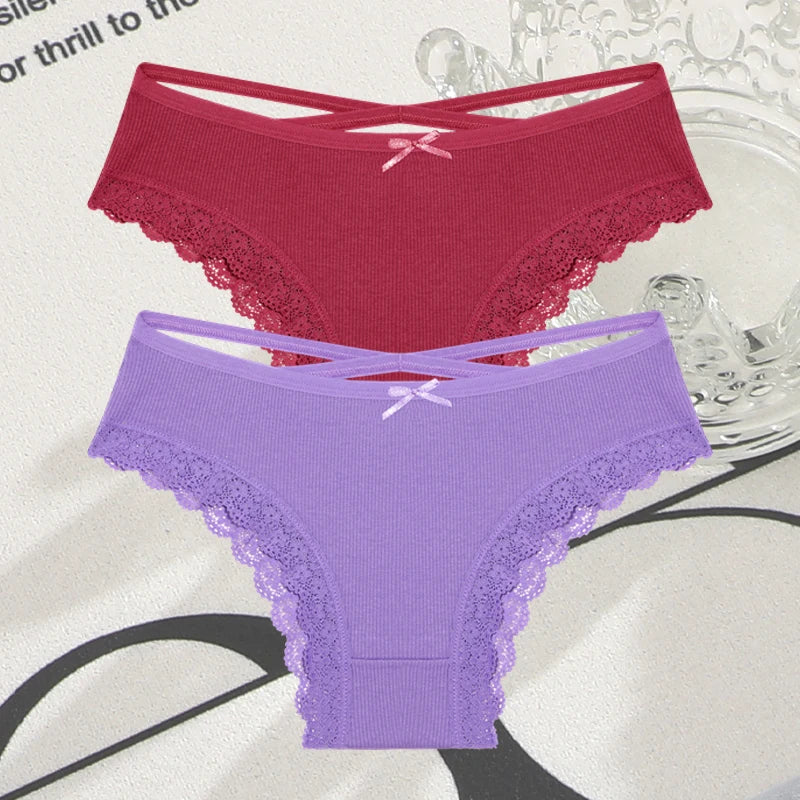 2PCS Cotton Panties for Women Sexy Lace Brazilian Briefs Female Low-Waist Cross Webbing Underpants Stretch Breathable Intimates