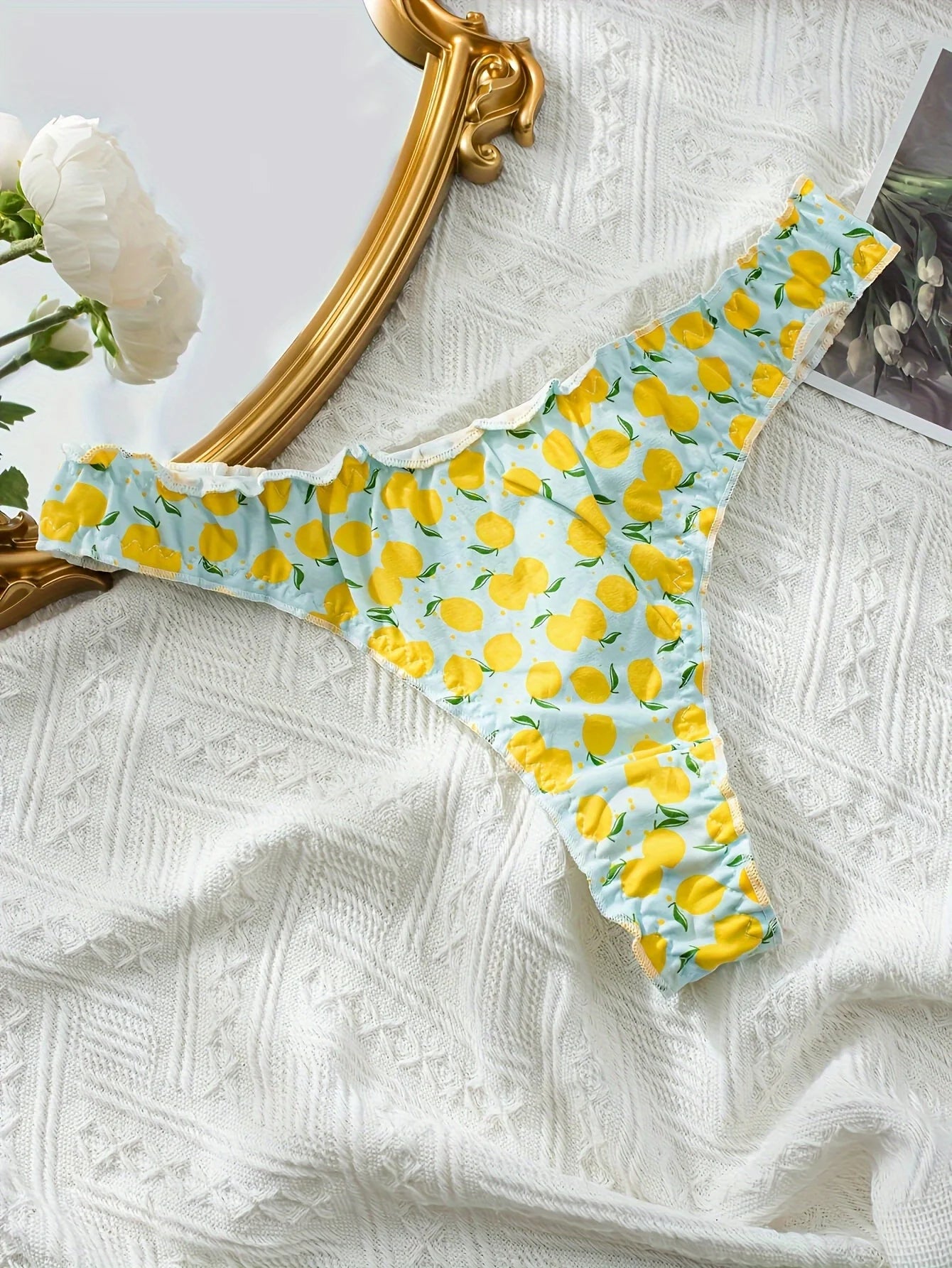 5-piece mixed fruit pattern pure cotton ruffled women's thong, wrinkled comfortable women's underwear