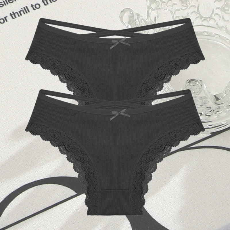 2PCS Cotton Panties for Women Sexy Lace Brazilian Briefs Female Low-Waist Cross Webbing Underpants Stretch Breathable Intimates