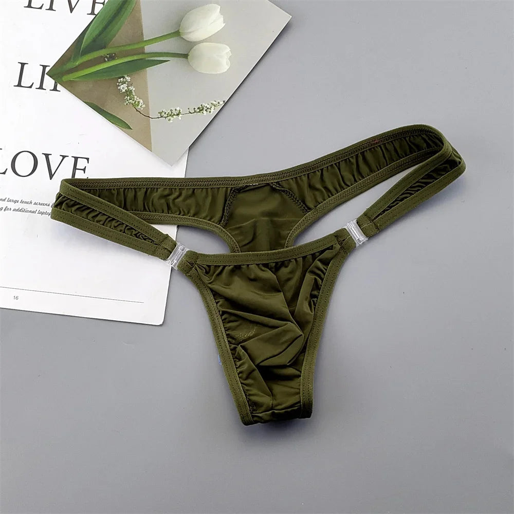 Translucent Buckle Men Thong Nylon and Spandex Sexy U Convex Briefs G-string/Jocks/Tanga/T-back Gay Underwear