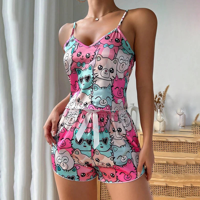 Heart Print Satin Pajama Set for Women Sexy V Neck Sleepwear Summer Cami Tops and Shorts Pajamas 2 Piece Loungewear Home Clothes