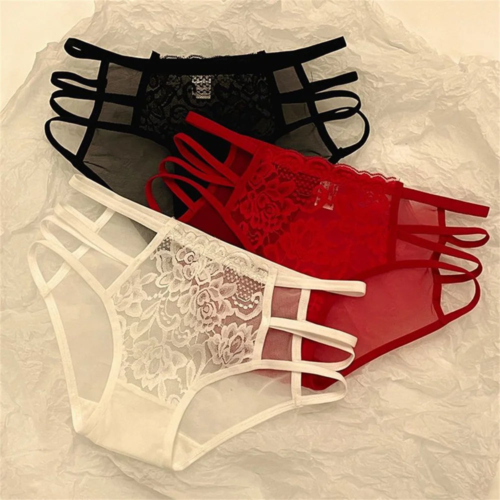3pcs/Lots Lace Panties for Women Transparent Mesh Hip Male Briefs Low Rise Hollow Out Breathable Underwear Plus Size