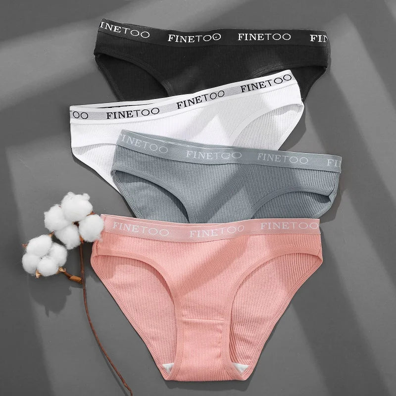 FINETOO 4Pcs Cotton Striped Underwear Women's Panties Letter Belt Briefs Ladies Low Waist Lingerie Solid Breathable Underpants