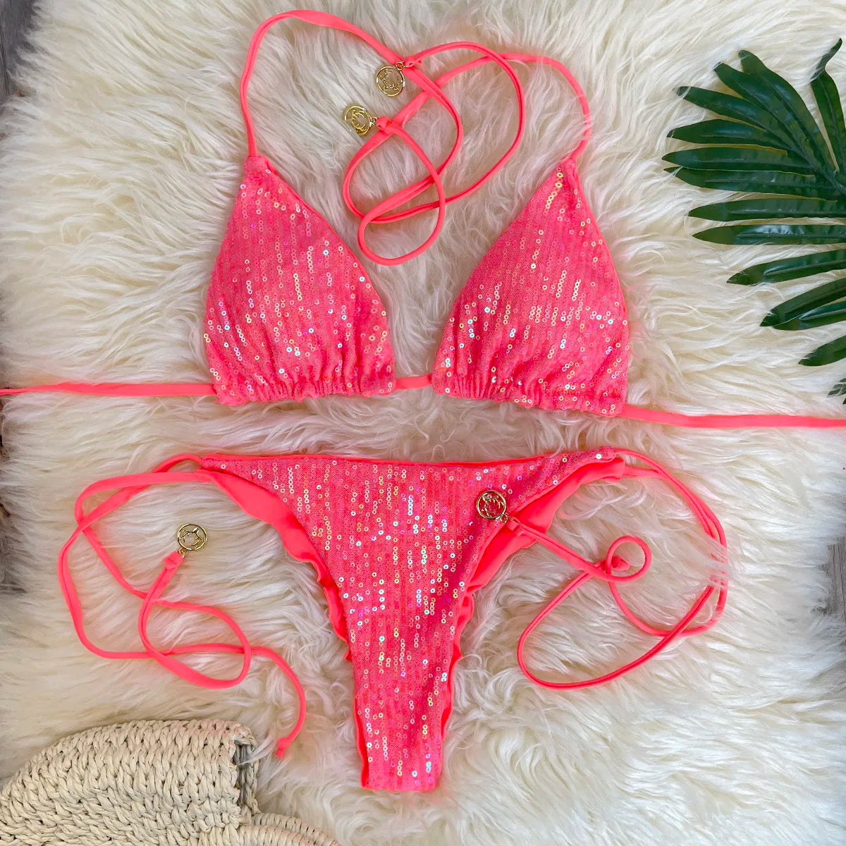 Melphieer Swim 2pcs Women's Summer Beach Holiday Ruching Bum Sequins Sparkle Glitter Plain Halter Strap Bikini Swimwear Set