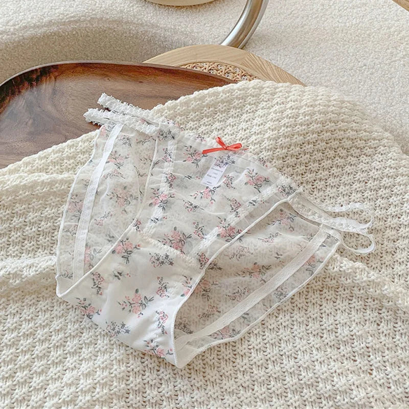Women's panties Cross waistband Hipsters Low Rise Lace Strappy Panties Transparent Mesh Floral Pattern Sweet Bowknot Underwear B