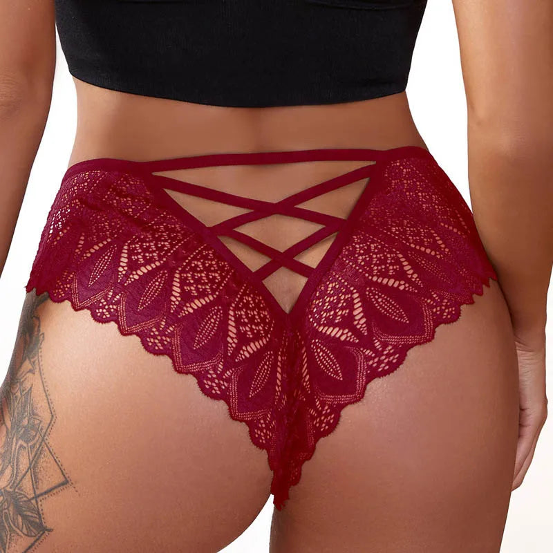 Meet'r Women Sexy Lace Panties Low-waist G String Thong Underwear Female Hollow Out Lingerie Temptation Cross Bandage Intimates