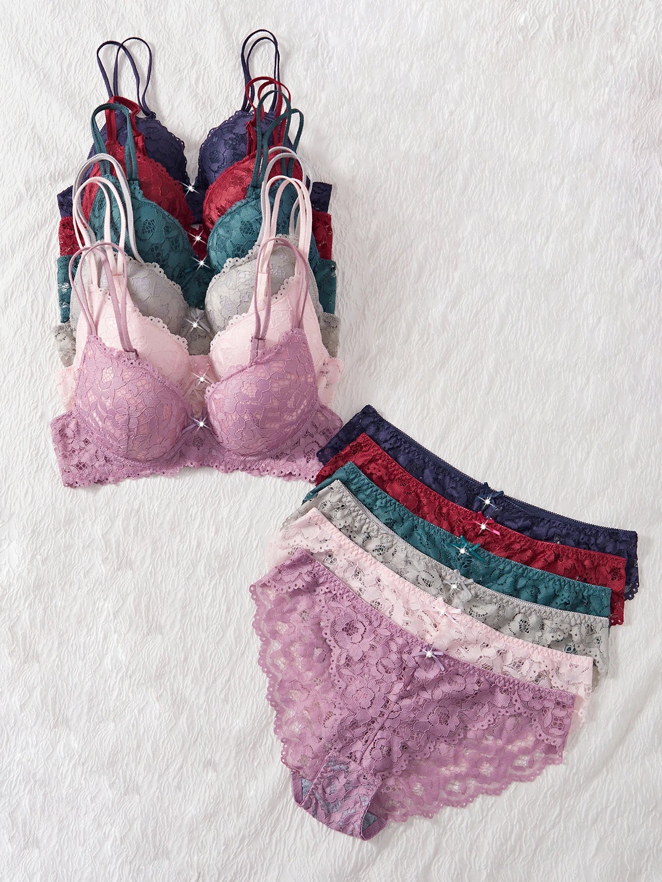 6-Piece Set Women's Bra and Panties Set Sexy Patterned Lace Patchwork No Lining Comfortable Fitting Women's Push up Bra Women's Underwear Set