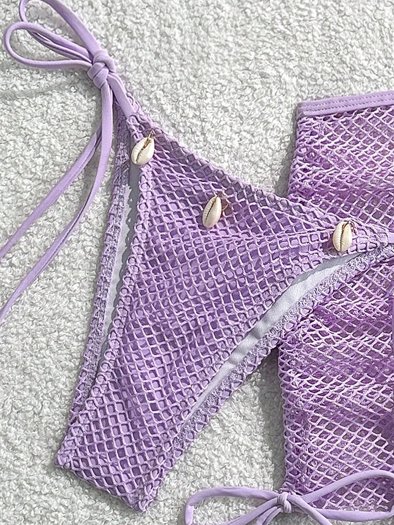 Lavender Eyed Mesh Bikini Three-Piece Set Beach Vacation Shell Necklace Strap Women's Swimsuit