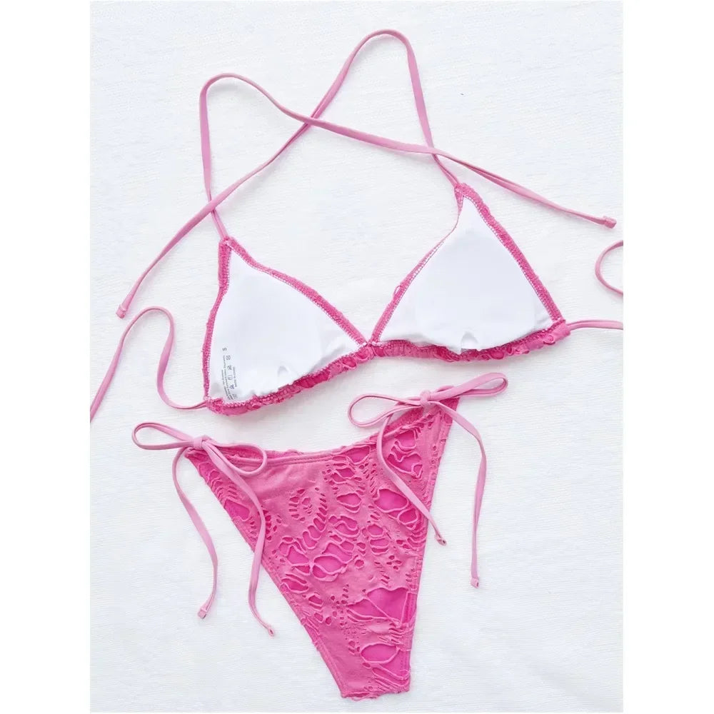 Gothic Grunge Swimsuit Distressed Micro Bikini Y2K Bathing Suits Halter Strappy Lace Up 2026 Trend Woman Punk New Beach Swimwear