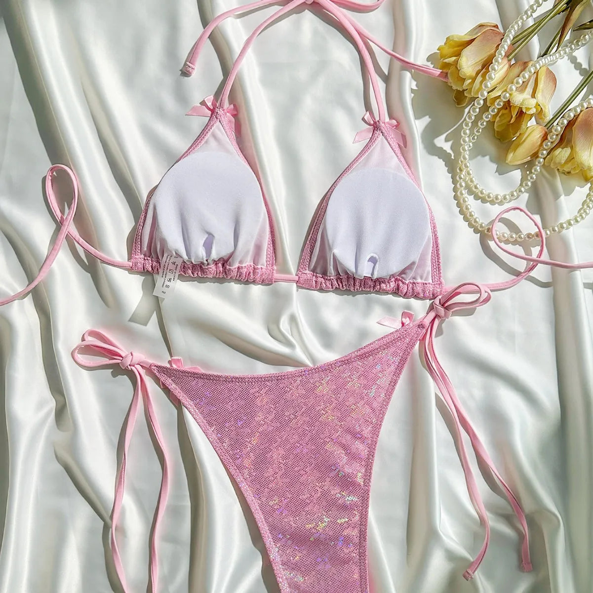 Shiny Pink Micro Bikini Set Mujer Women Sexy Push Up Thong Swimsuit Summer Bathing Suit Bandage Holiday Swimwear Women Biquine