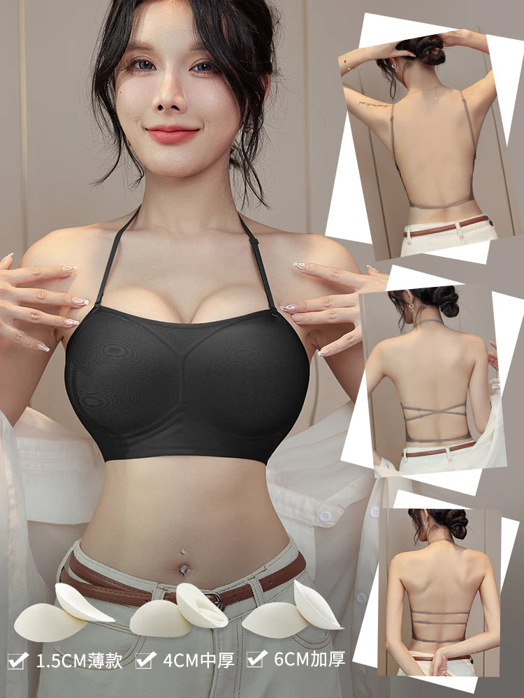 MOYISU Backless Push Up Bra - Thick Padded Straps Dress Essential, Exposed Shoulder Straps Enhancer for Small Bust Sexy Bralette