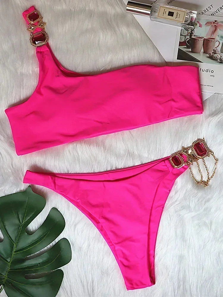 2025 Shiny Rhinestone Diamond Bikini Women Swimsuit Female Swimwear Two Pieces Bikini Set Halter Metal Chains Bathing Suit Swim