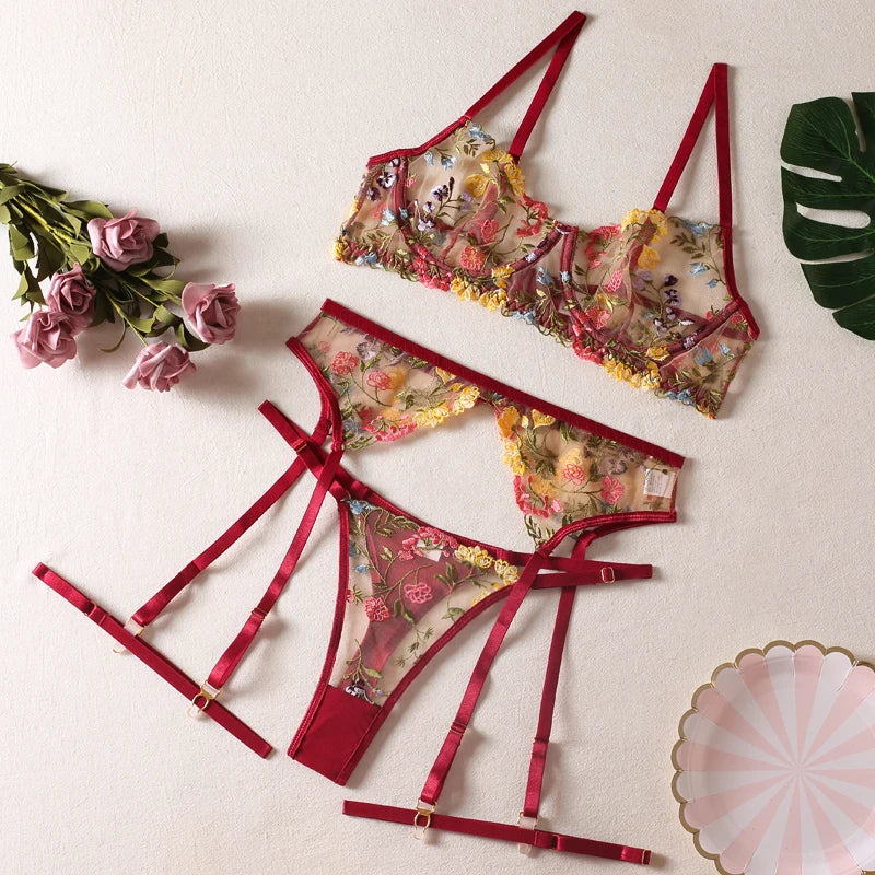 HIMEALAVO Lingerie Sensual Lace Underwear Transparent Embroidery 3-Piece Garters Fancy Beautiful Short Skin Care Kits Intimate