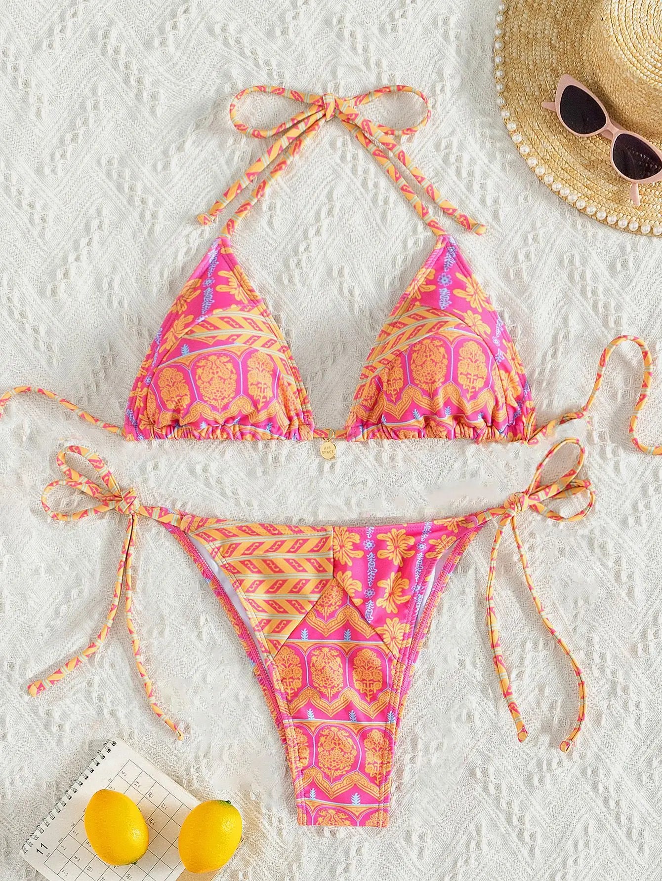 2025 New Women's Bikini Set Adjustable Tie Side Bandage Swimwear High-End Sexy Two-Piece Bathing Suit Summer Beach Push Up