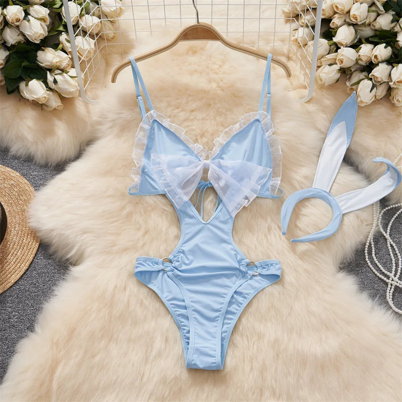 Women Strap Hollow Out Backless French Style Striped Erotic Playsuits Cosplay Slim Fit Underwear Black Lingerie Sexy Bodysuits