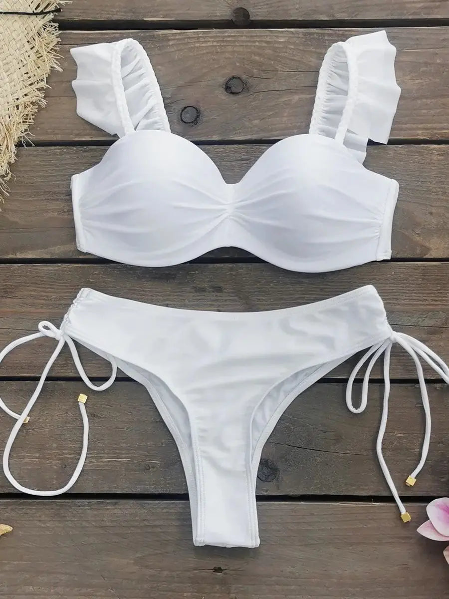 Ruffle Strappy Bikini Set for Women, Push Up Beachwear, High Waist Swimsuit, Ladies Sexy Bandage, Holiday Clothes, New, 2024