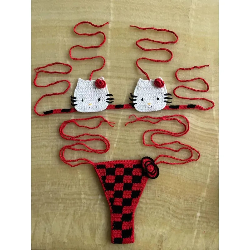 Sanrio Cute Bikini Set Crochet Girls Swimsuit Hello Kitty Sexy Bathing Suit Kwaii Women Swim Suit Bandage Micro Bikinis Swimwear