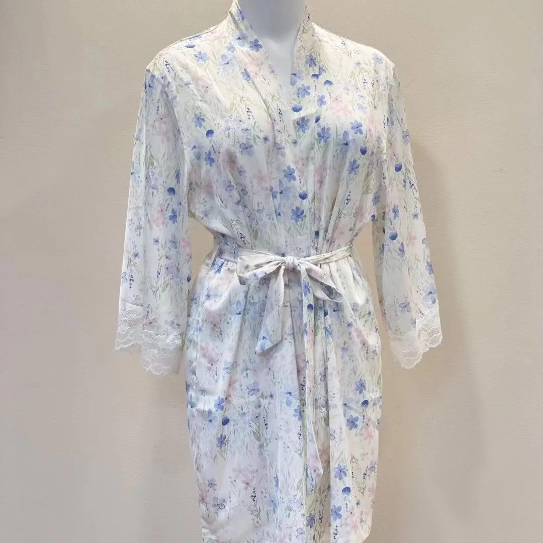 Bridal Kimono Robes Only Beautiful Sexy Pajamas Women's Bathrobe Pure French High Quality Nightgown Lace Mesh Bow Dressing Gowns