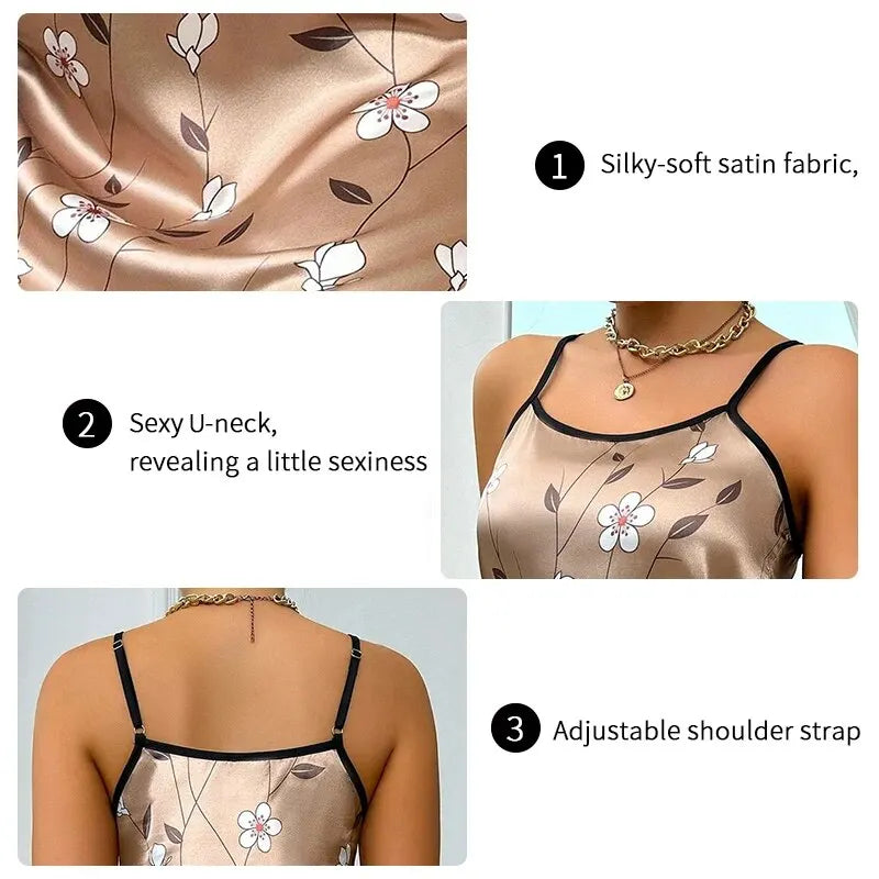 2026 Women Sleepdress Satin Floral Print Nightdress Comfortable Spaghetti Strap Sleepwear Dress Luxurious Satin Slip Nightdress