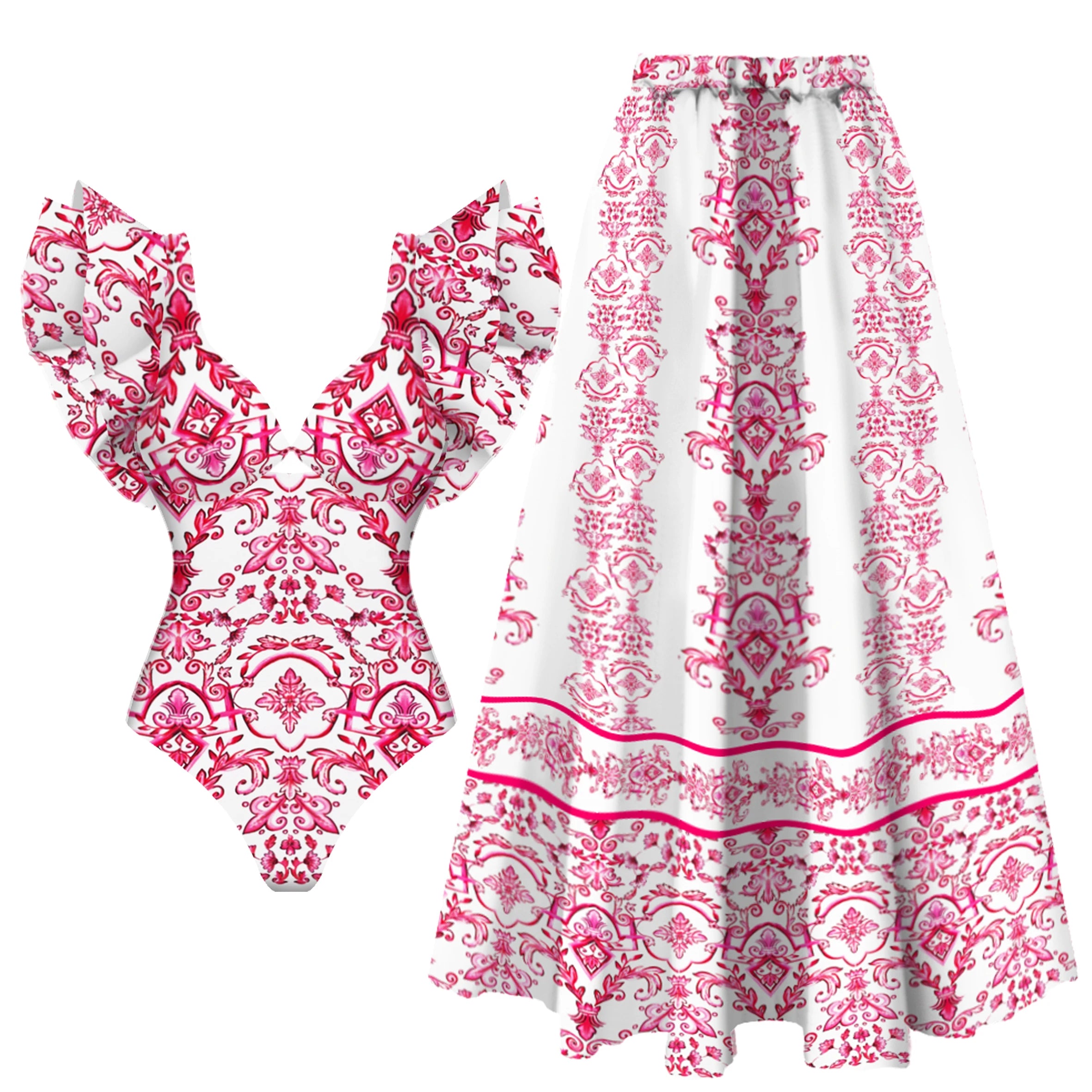 Printed Ruffle One Piece Swimsuit With Cover Up Sexy Swimwear Women Flat Belly Swim Suits Bathsuit Belt Bodysuit Beach Outing