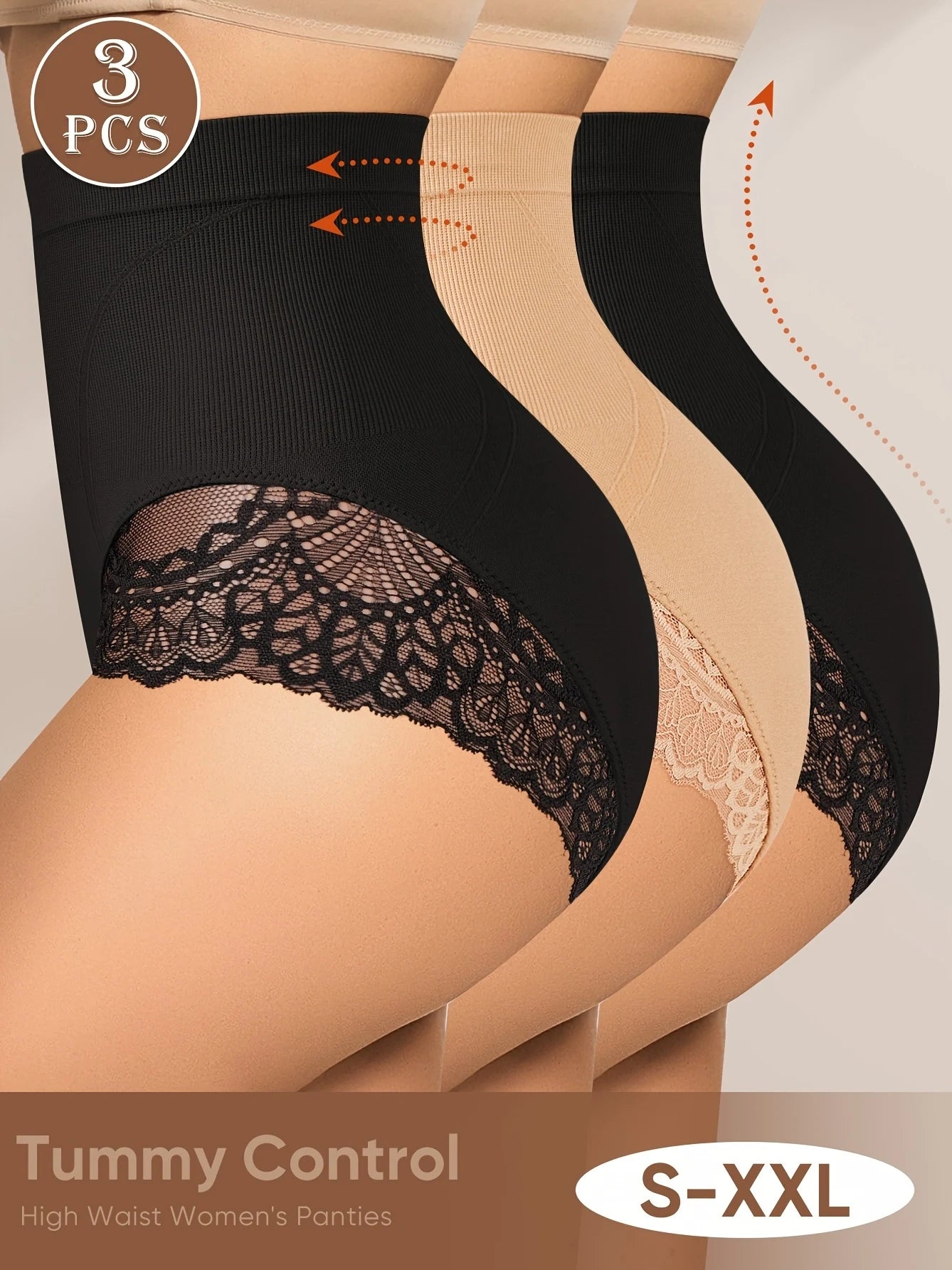 3pcs High-Waisted Tummy Control Seamless Underwear - Butt-Lifting Shapewear with Lace Trim, 3 Sizes (S-XXL) for Women,