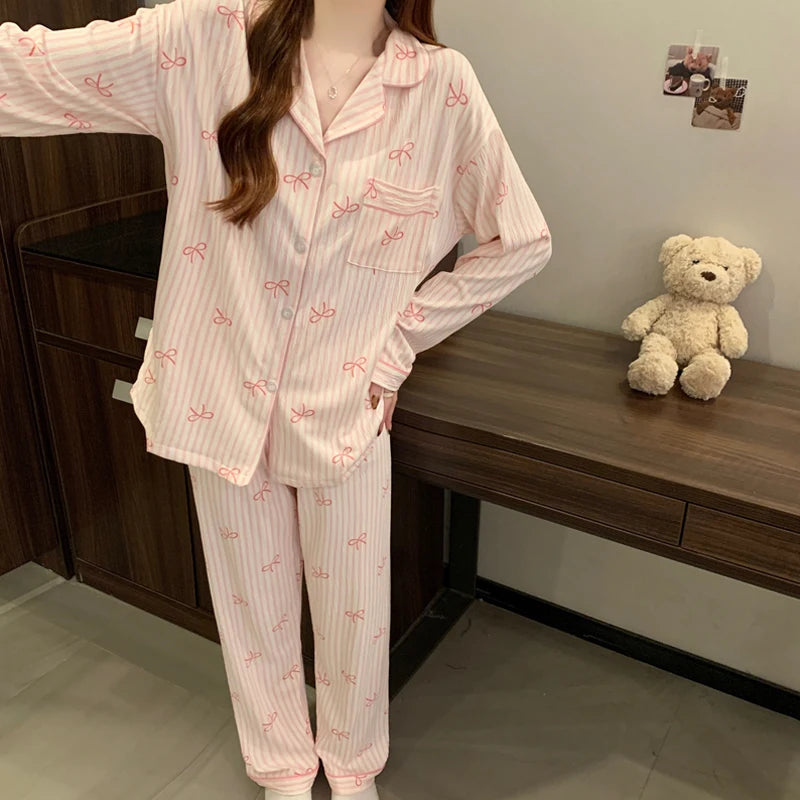 Pink Bow Tie Design Pajamas for Women Long Sleeve Top & Elastic Waist Pants Pajamas Set Harajuku Style Casual New Home Wear