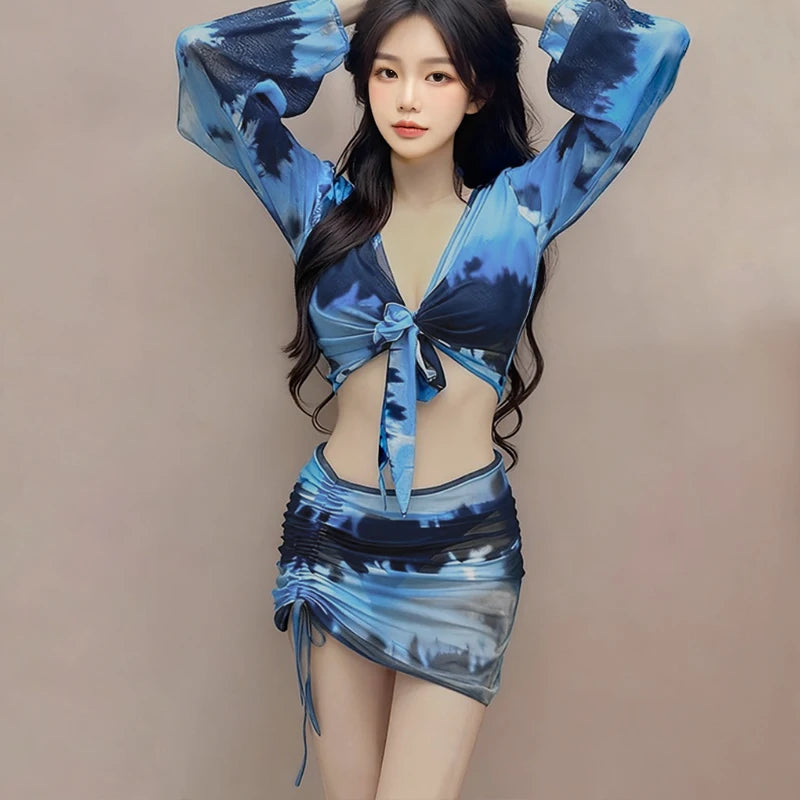 Pure Desire Women's Bikini Swimsuit Set Conservative Slimming Small Chest Gathered Holiday Swimwear Four-Piece Ensemble