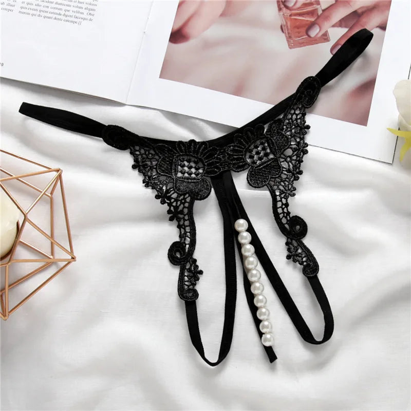 Women Sexy Underwears Female Transparent Hollow Out Temptation Pearl Massage Open File Thong Thin Perspective Embroider T-shaped