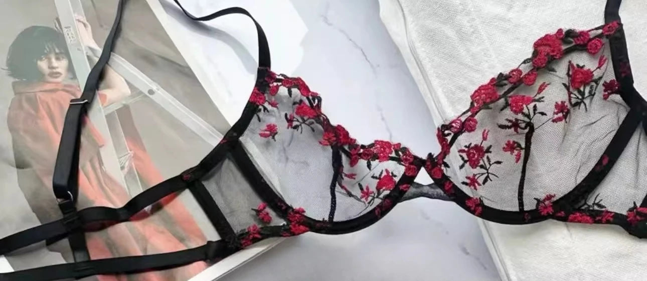 YUQI French Style Luxury Lingerie-Floral Embroidery Black Sheer Bra Set, Sensual Women's Intimates Elegant Transparent Underwear