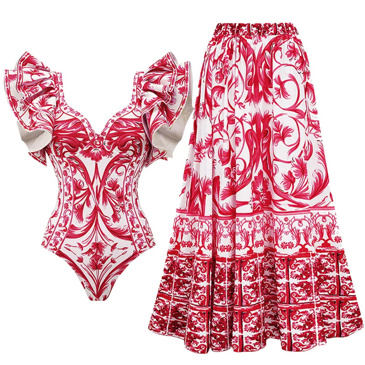 Printed Ruffle One Piece Swimsuit With Cover Up Sexy Swimwear Women Flat Belly Swim Suits Bathsuit Belt Bodysuit Beach Outing