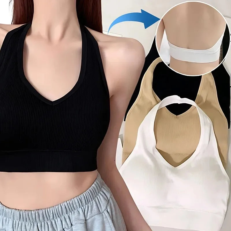 Women Backless Vest Sexy Bra Halter Wire Free Sport Bra Suspender Solid Lingerie Female Tops Beautiful Back Wire Free Sports Bra