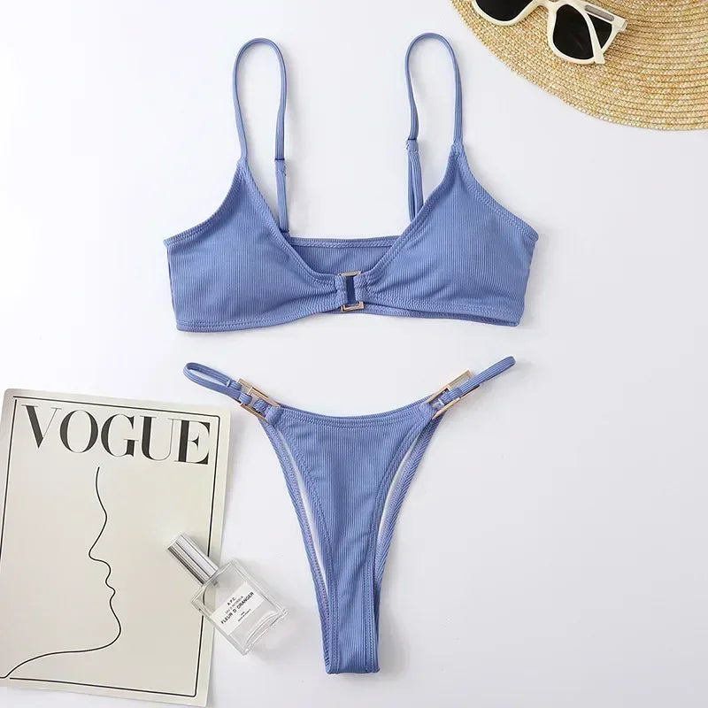 Sexy Brown Ribbed Swimwear 2026 Micro Thong Bikinis Sets Women Metal Ring Swimsuits String Bathing Suit Bikini Bathers Biquinis