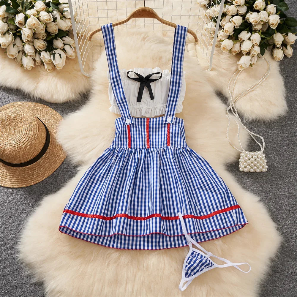 Women Strap Hollow Out Backless French Style Striped Erotic Playsuits Cosplay Slim Fit Underwear Black Lingerie Sexy Bodysuits