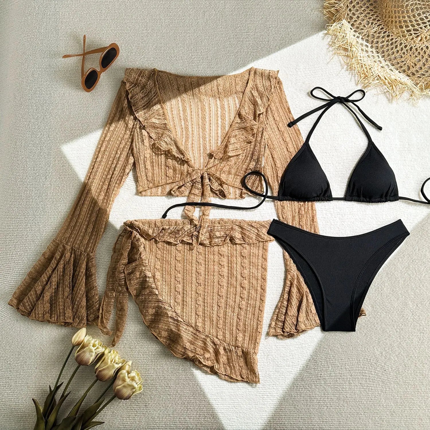 2025 new lace mesh four-piece swimsuit split bikini swimsuit