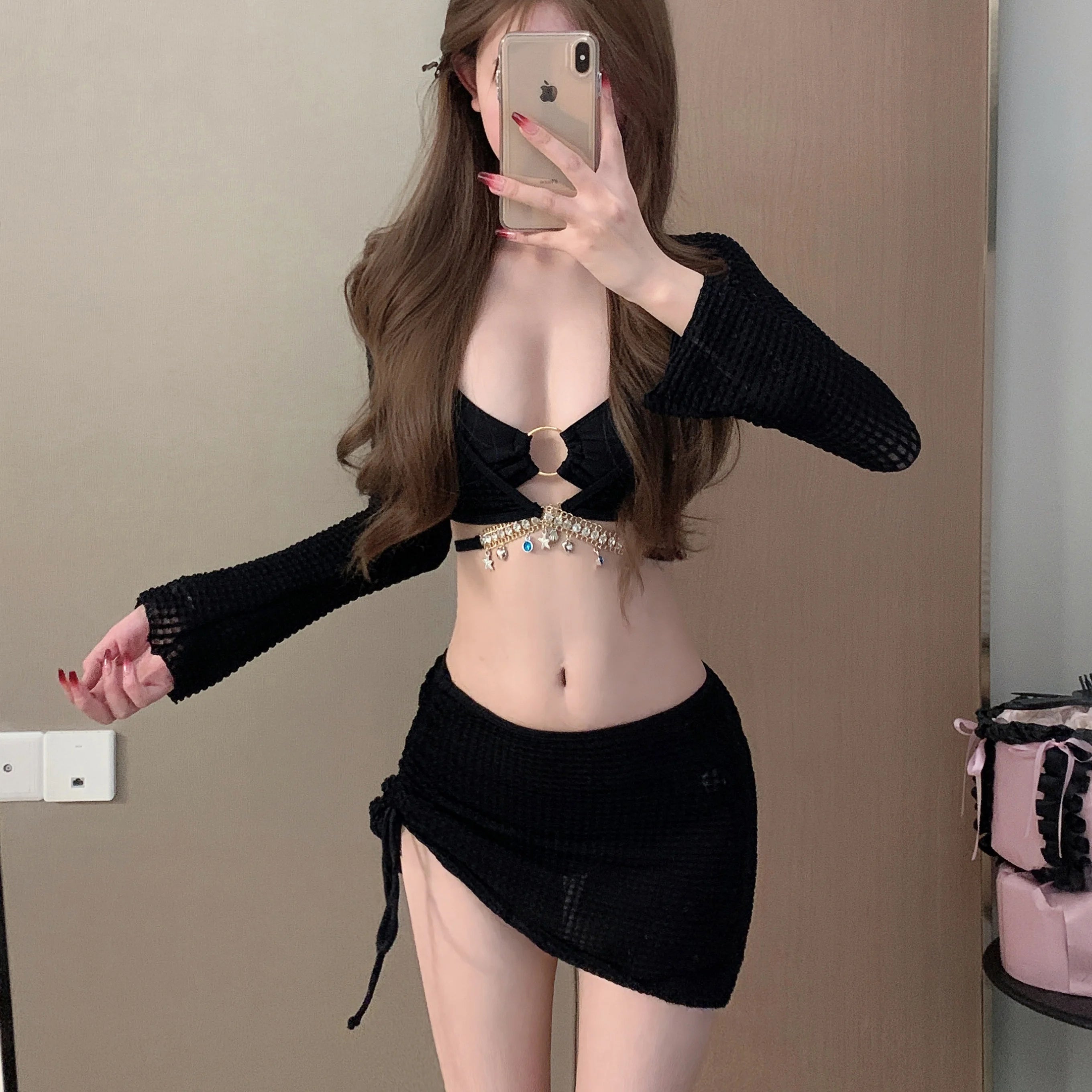 Pure Desire Women's Bikini Swimsuit Set Conservative Slimming Small Chest Gathered Holiday Swimwear Four-Piece Ensemble