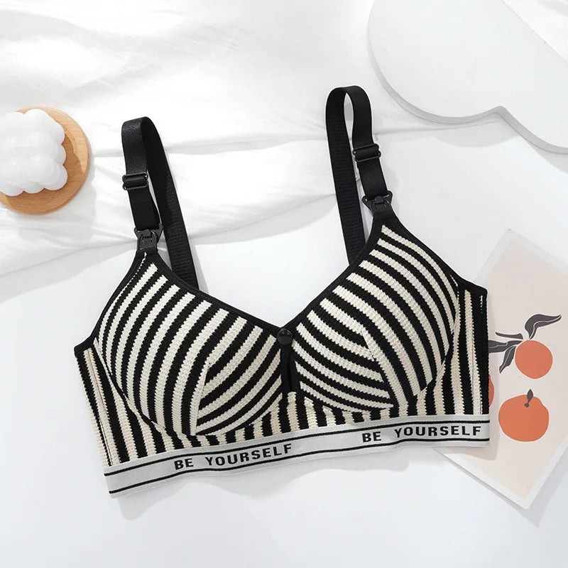 New Lightweight Breathable Maternity Breastfeeding Bra Made of Pure Cotton Gathered Anti Sagging Letter Stripe Women's Underwear
