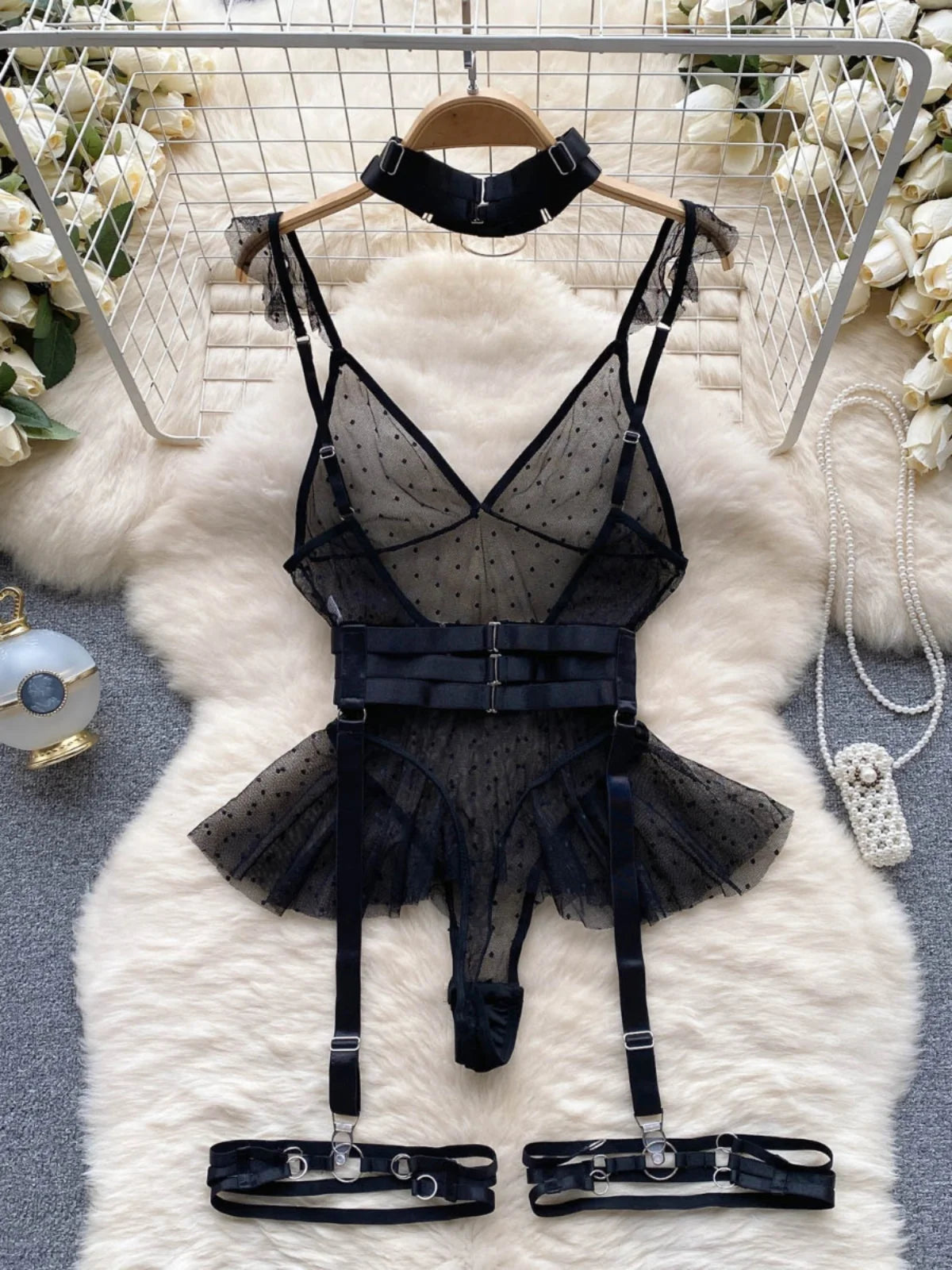 ssTss Ins trendy Girl Sexy Mesh Bottom Strap V-neck one-piece Top bodysuit women's Slimming Waist Ruffle Hemp Vest Jumpsuit