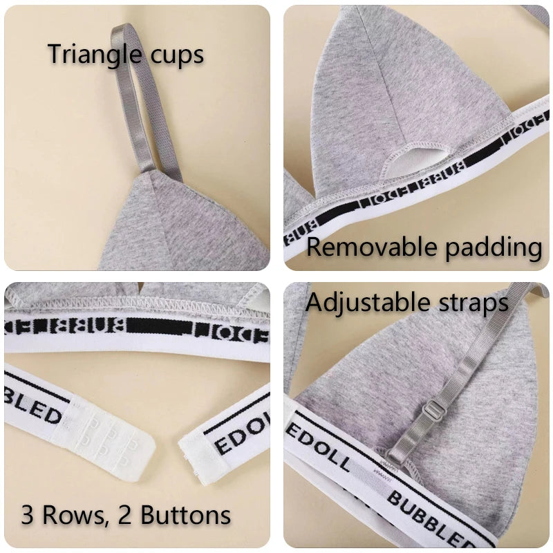 FINETOO Women Cotton Triangle Cups Bra Sexy Deep V Padded Brassiere Female Small Size Underwear Letter Push Up Lingerie Bralette