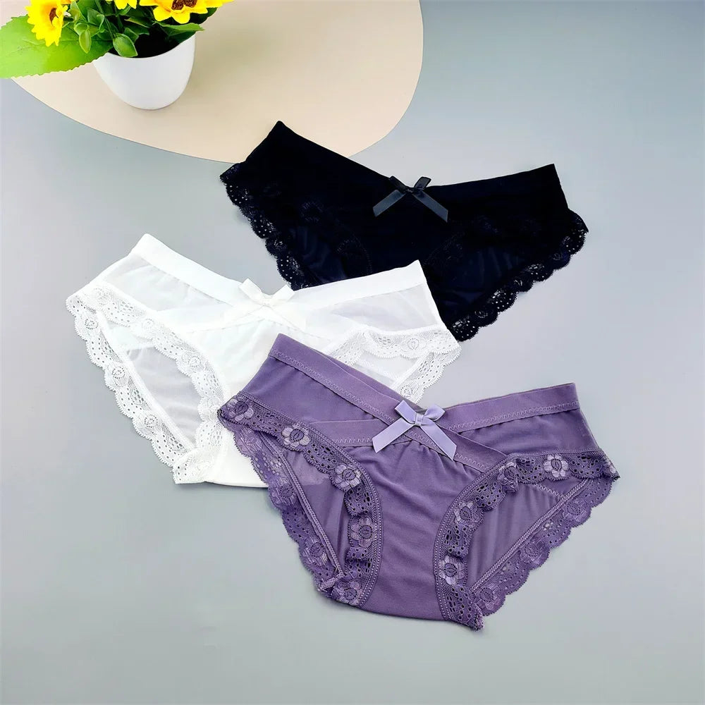3 Pieces Hot Comfortable Mesh Briefs Women Sexy Seamless Lace Trim Underwear Cute Bow Ladies Breathable Briefs Plus Size
