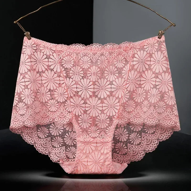 1Pc Fashion Women High Waist Plus Size Panties Lace Mesh Floral Transparent Briefs Underwear Solid Seamless Underpants Lingerie