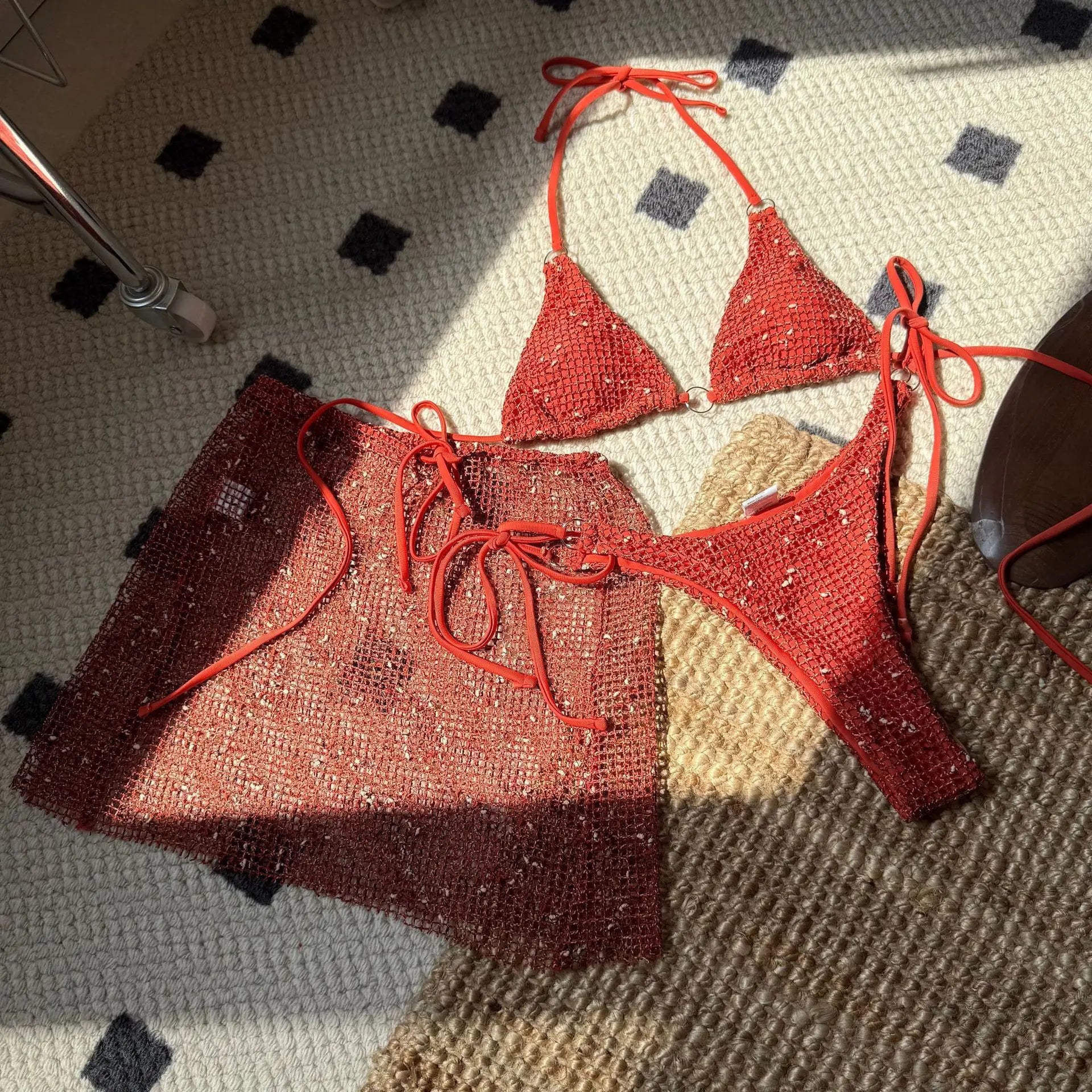 2025 New Halter Strappy Hollow Out Skirt Bikini Female Swimsuit Women Swimwear 3 pieces Bikini set Bather Bathing Suit S