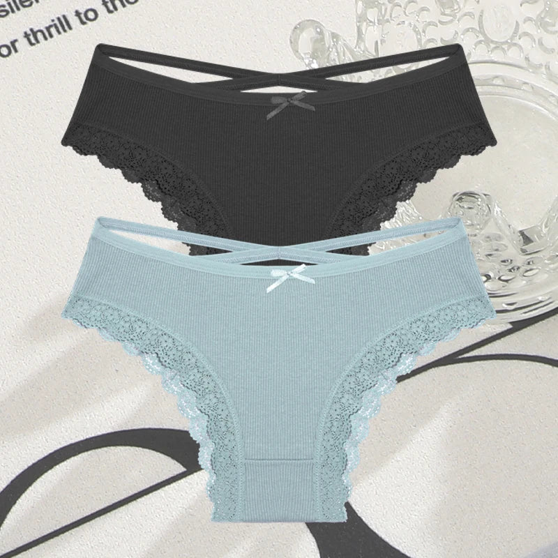 2PCS Cotton Panties for Women Sexy Lace Brazilian Briefs Female Low-Waist Cross Webbing Underpants Stretch Breathable Intimates