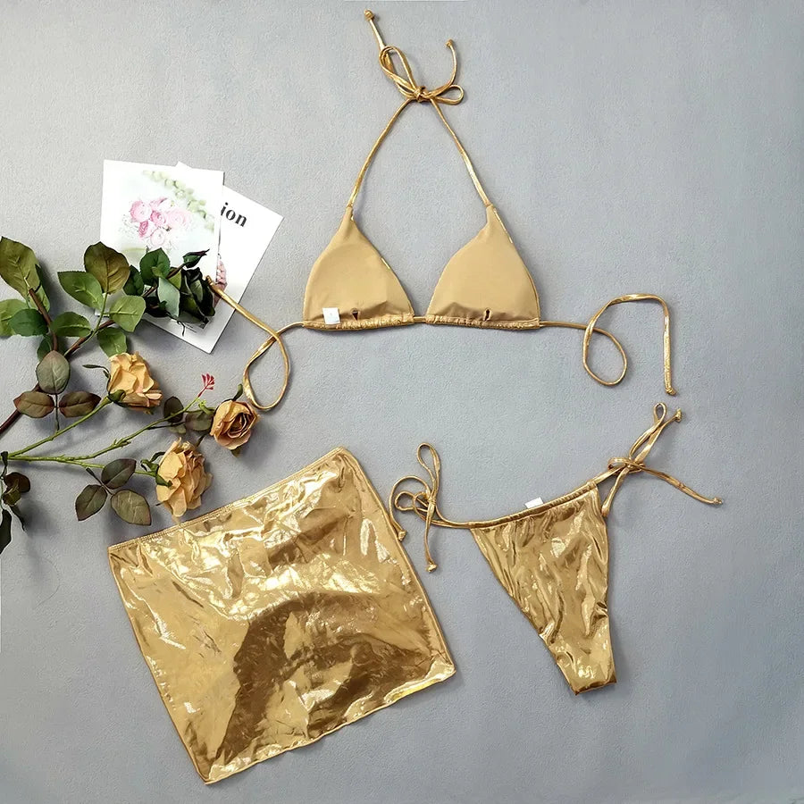 Shiny Golden Silver 3 Piece Bikini Set with Cover Up Sexy Micro Thong Swimsuit Women 2025 Drawstring Halter Swimwear Beachwear