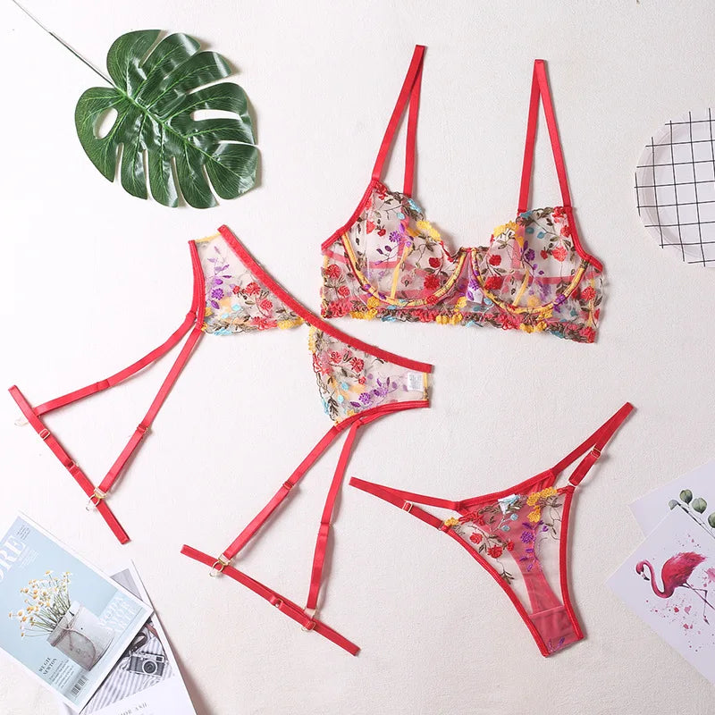 Brskbzda Lingerie Sensual Lace Underwear Transparent Embroidery 3-Piece Garters Fancy Beautiful Short Skin Care Kits Intimate