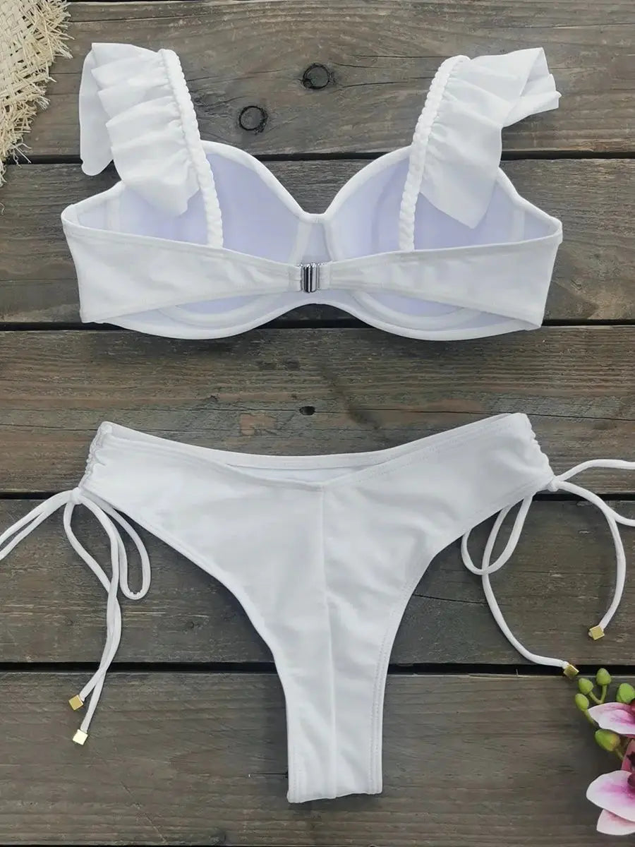 Ruffle Strappy Bikini Set for Women, Push Up Beachwear, High Waist Swimsuit, Ladies Sexy Bandage, Holiday Clothes, New, 2024