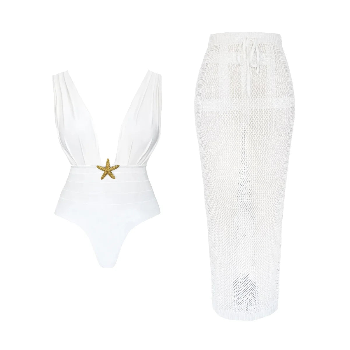 2Pcs Deep V One Piece Swimsuit Sexy Women Swimwear 2025 Shiny Star Bikini High Waist Biquini Female Swim Suit Bodysuit Beachwear