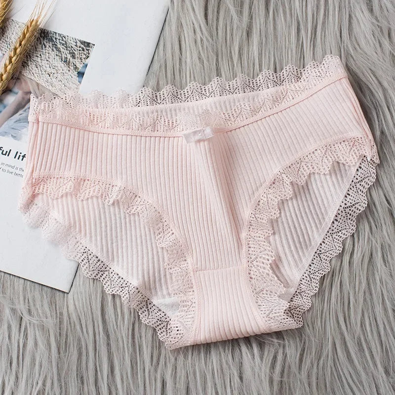 Cotton Sexy Lace Mid Waist Underwear Threaded Brief Solid Color Skin Friendly Ladies Underpant Breathable Fashion Casual Panties